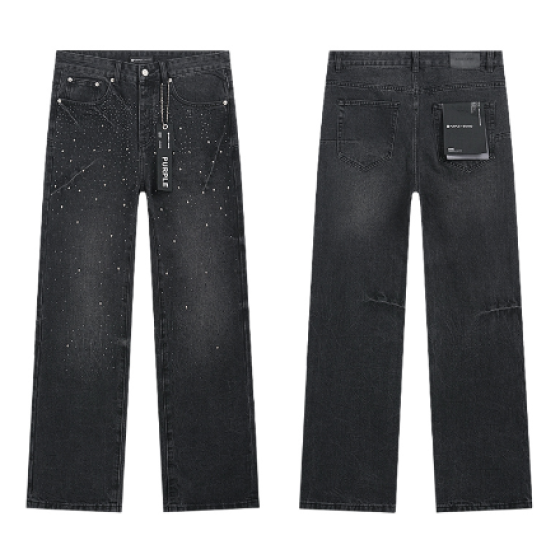 Black Washed Wide-Leg Denim Jeans with Rhinestone Studded Trim